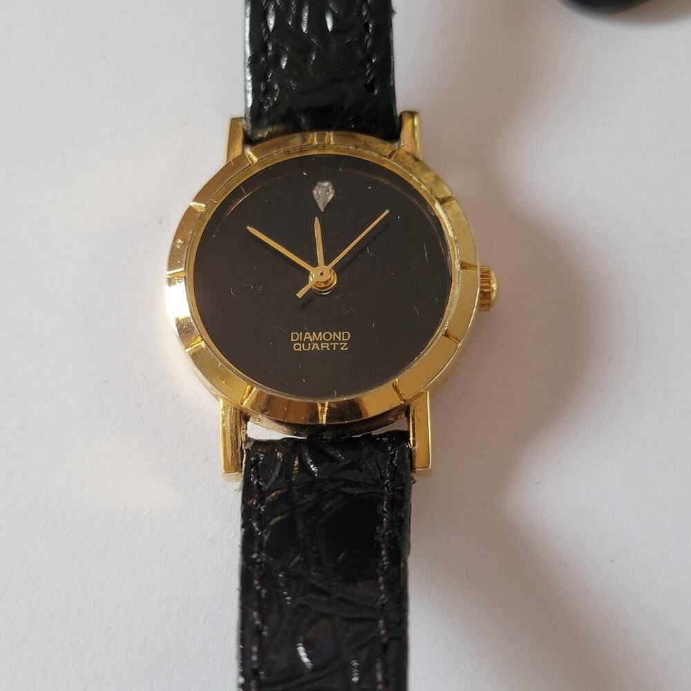 Diamond Quartz Black Dial Womens Necklace Watch Gold Tone Case Leather Band